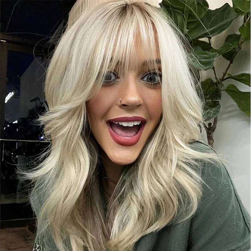 Platinum Blonde Synthetic Wig with Bangs Medium Length Layered Wigs for Women Natural Roots Cosplay Party Hair Heat Resistant