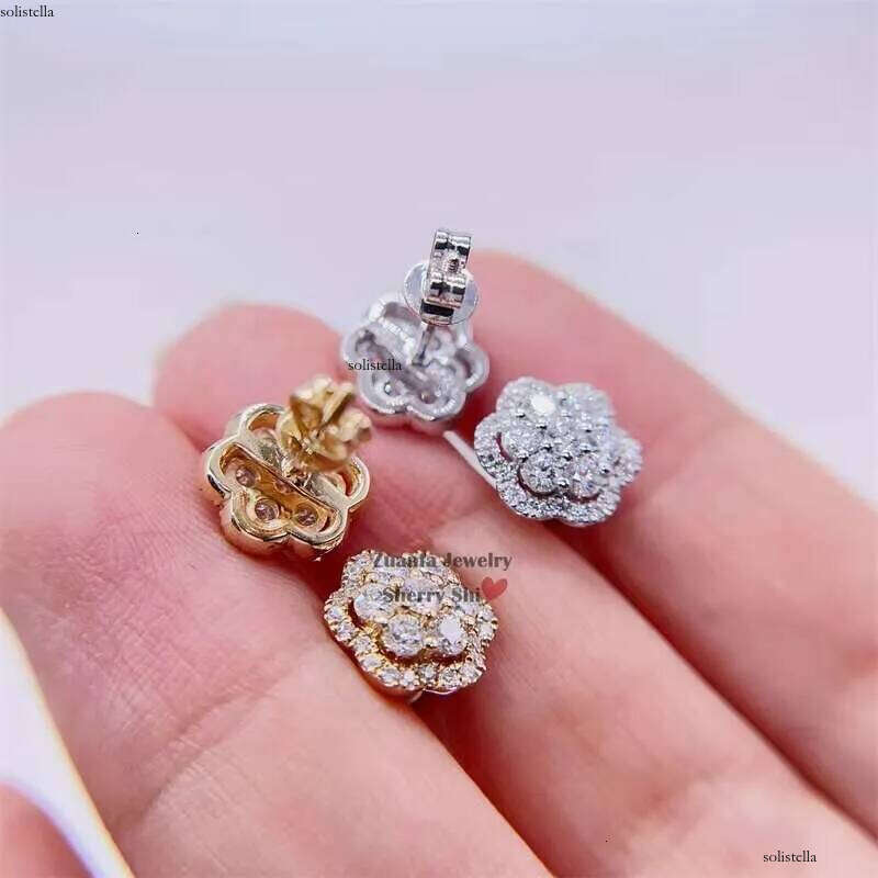 Iced Out Hip Hop Pass Dia Tester Men 10k Gold Flower Cluster Vvs Moissanite Earrings Stud