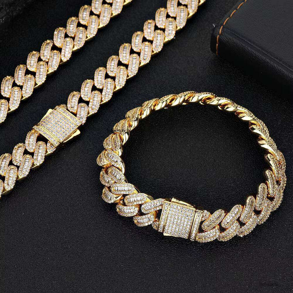 NUOYA Wholesale 15MM Bling Baguette Dia Iced Out CZ Dias Spring Clasp Cuban Chain Bracelet
