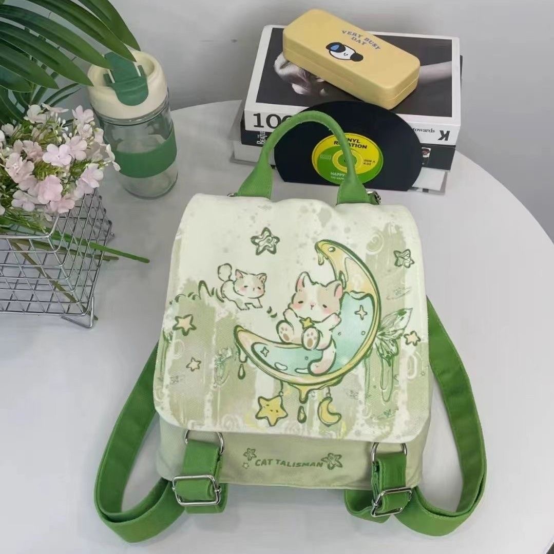 Green Cute Backpack for Women, Unique Design Canvas Bag, Small Backpack, New Style ddmymoon