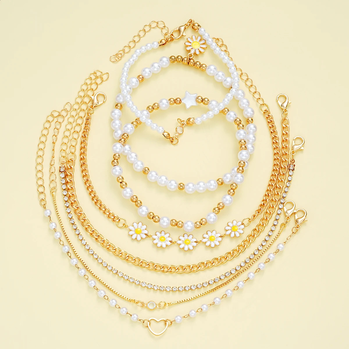 8 Pcs Vintage Daisy Flower Pendant Anklet Set for Women Bohemian Beach Beaded Star Heart Pearl Anklets Summer Jewelry Gifts 250807
