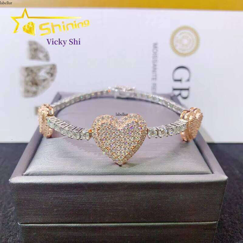 Worldwide Shipping Sier Two Tone Three Heart Tennis Bracelet Custom Men Women Hip Hop Moissanite Bracelets
