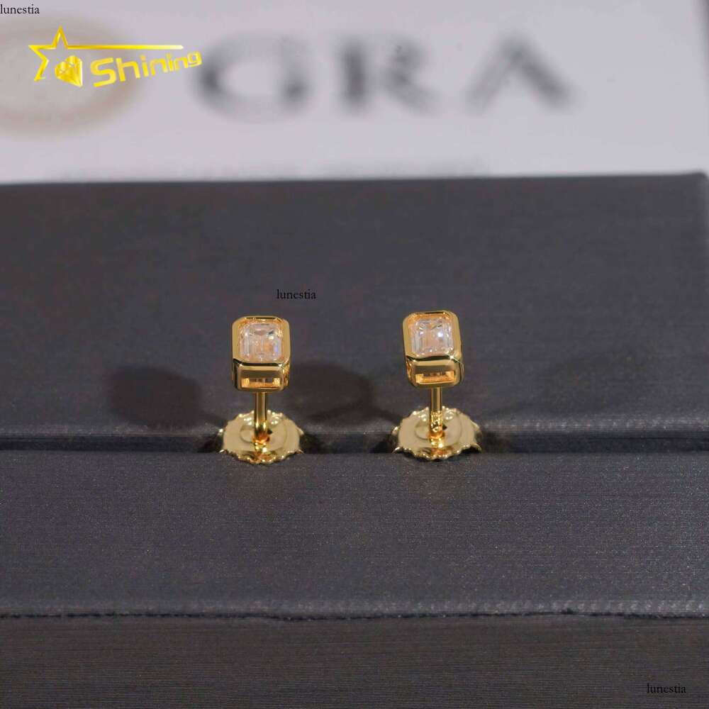 New Arrival Hip Hop Gold Plated Bezel Setting Emerald Cut Moissanite Sier VVS Dia Earrings