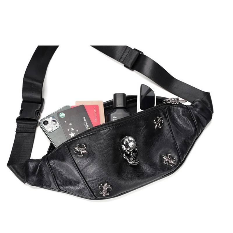 Annmouler 2022 Unisex Waist Packs Punk Style Fanny Pack Black Leather Skull Chests Designer Rivet Phone Pouch Adjustable Bag
