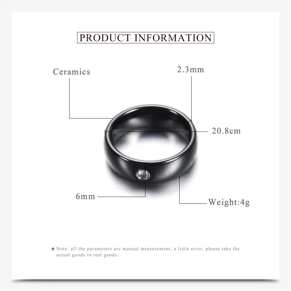 6MM Zircon Ceramic Ring For Women Finger jewelry Accessories Black White Color US Size 6-9 waterproof Anti-fading 250805