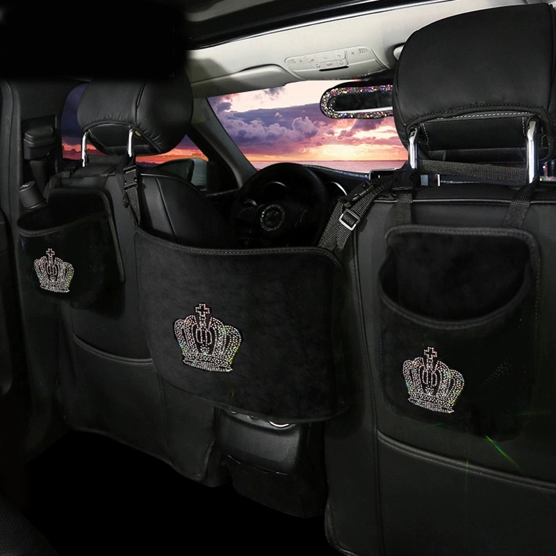 Car-mounted crown-decorated multi-functional storage bag with trash can