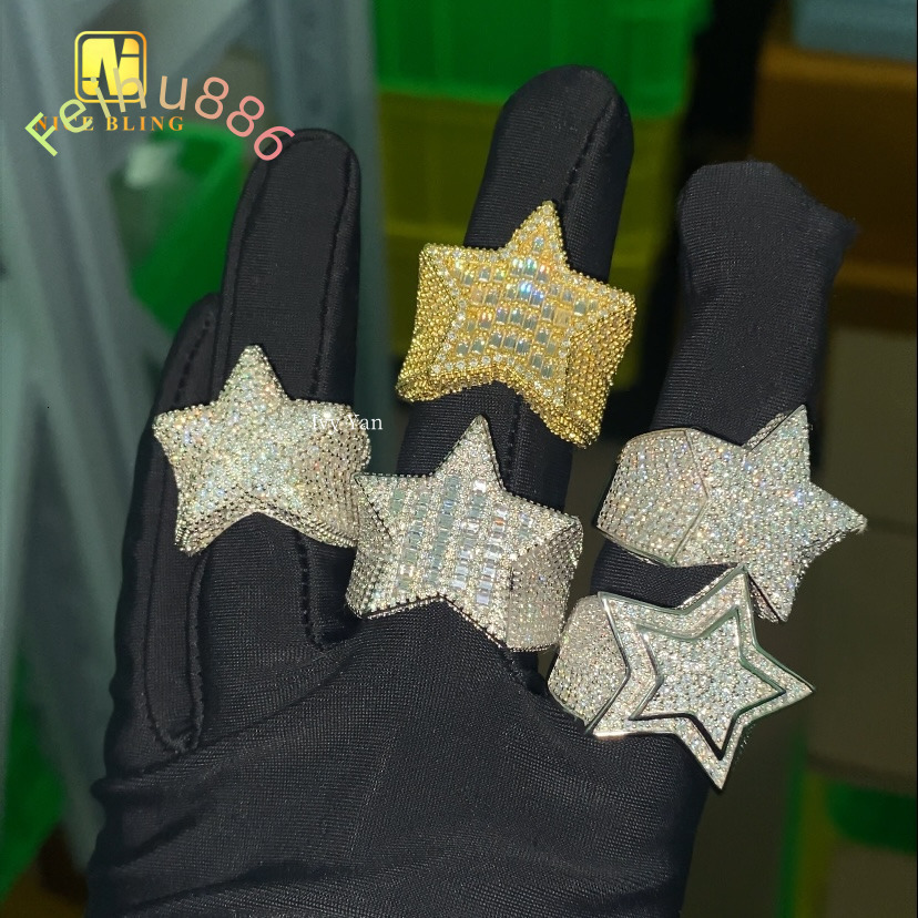 Pass Diamond Tester Iced Out 7 Designs Star Shape Hip Hop Rapper Jewelry Full With VVS Moissanite Diamond 925 Silver Men Ring