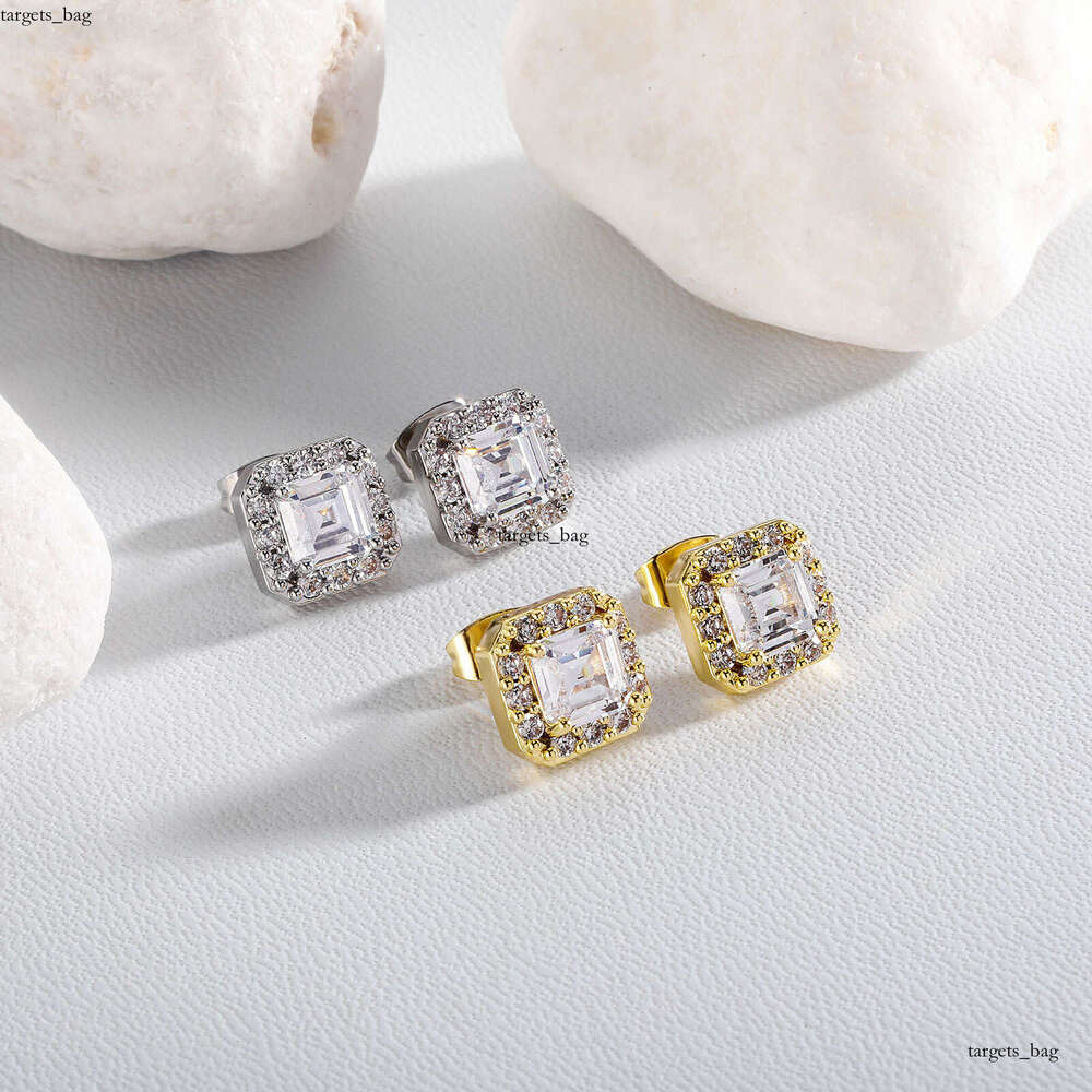 Sier Needle Inlaid Dia Shining Square Simple for Women Light Hip Hop Rock Earrings Versatile Trendy Accessories