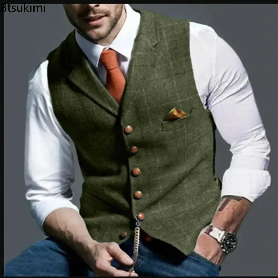 Mens Formal Vests Lapel Tweed Plaid Vneck Waistcoat Slim Vest Business Dress Suit Casual Wedding Tuxedo Male 250809