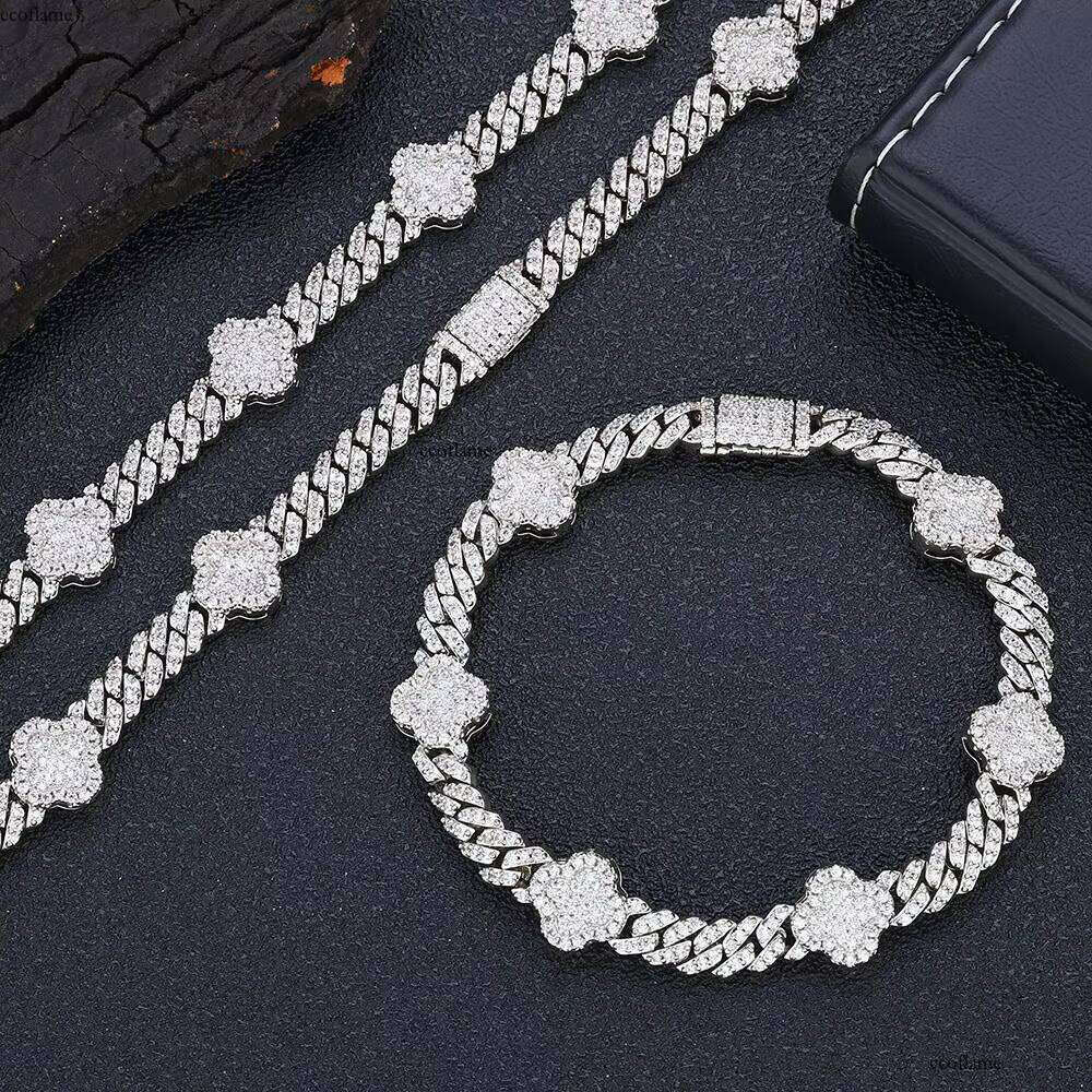 NUOYA Women 6MM Bracelet with Four Leaf Clover White Gold Plated Dia Prong Cuban Link Chain Jewelry