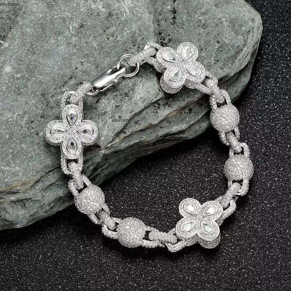 Hip Hop Jewelry Iced Out Dia Four-Leaf Clover Women's Full Pave Shiny Zircon Round Ball Beaded Link Chain Bracelet