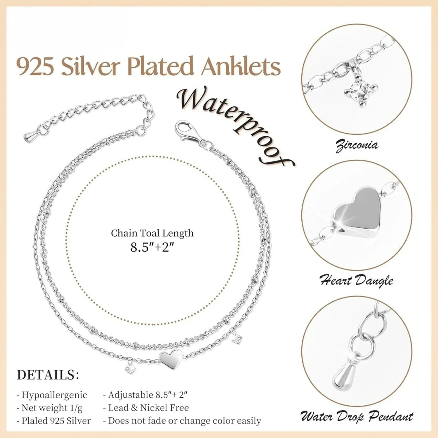 Anklet Bracelets for Women Waterproof 925 Sliver Plated CZ Heart Layer Anklets for Women Anklet Gifts for Women Jewelry Gifts 250807