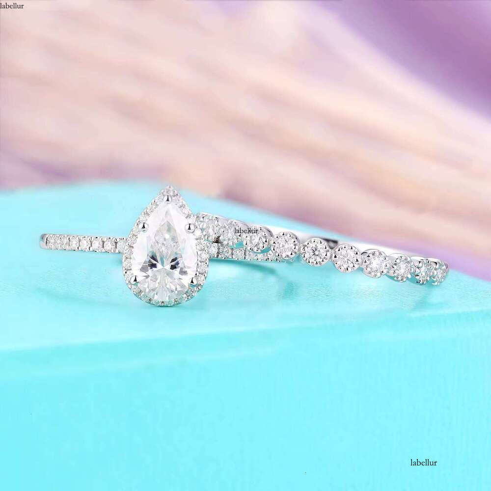 Fine Jewelry Pear Engagement Set Pure Gold Wedding Milgrain Band Dia Moissanite Stacking Ring for Women