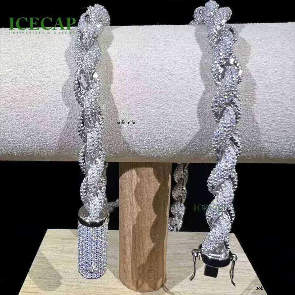Sier Jewelry 8mm Rope Chain Ice Out Hiphop Men White Gold Color Moissanite Necklace