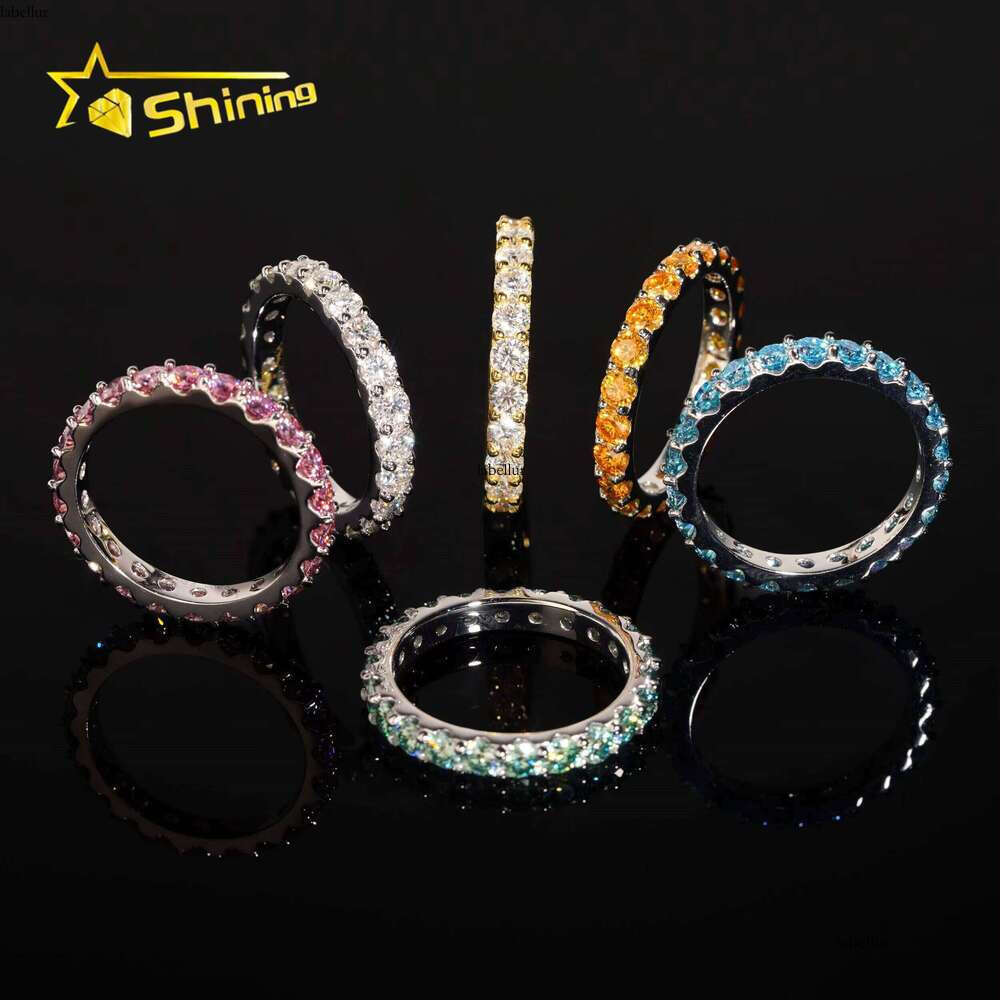 Pass Dia Tester Fine Jewelry Eternity Hip Hop Rings Solid Sterling Sier 3.0mm Colored Moissanite Band Ring