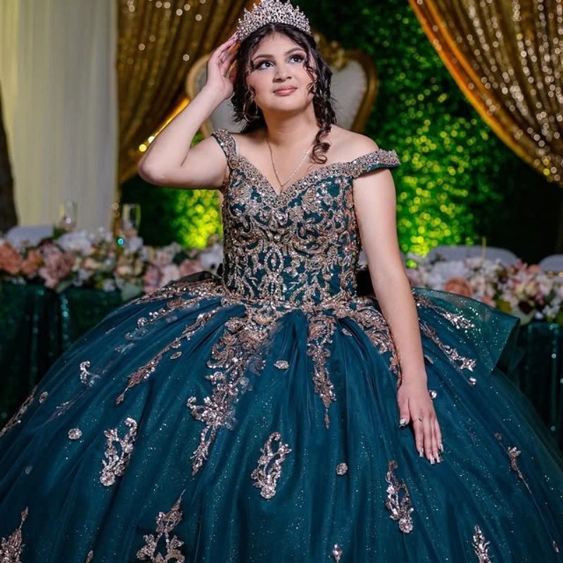 Blacking Green Quinceanera Dresses Ball Gown Off Shoulder Gold Appliques Lace Beads Tull Sweet 16 Dress Vestidos 15 Anos