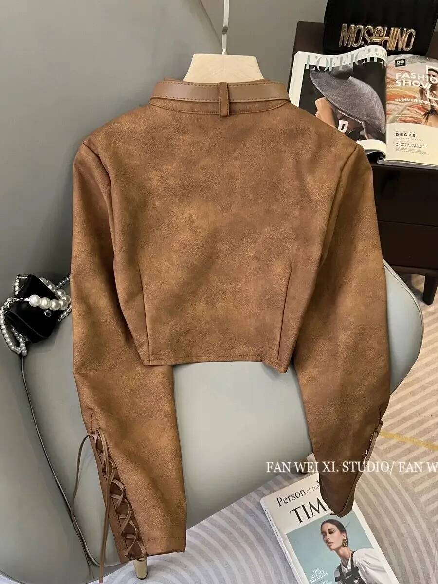 Gkyocq Korean Chic Women Coats Retro Brown Stand Collar Long Sleeve Lace Up Slim Short Jacket Pu Leather Female Tops Clothes