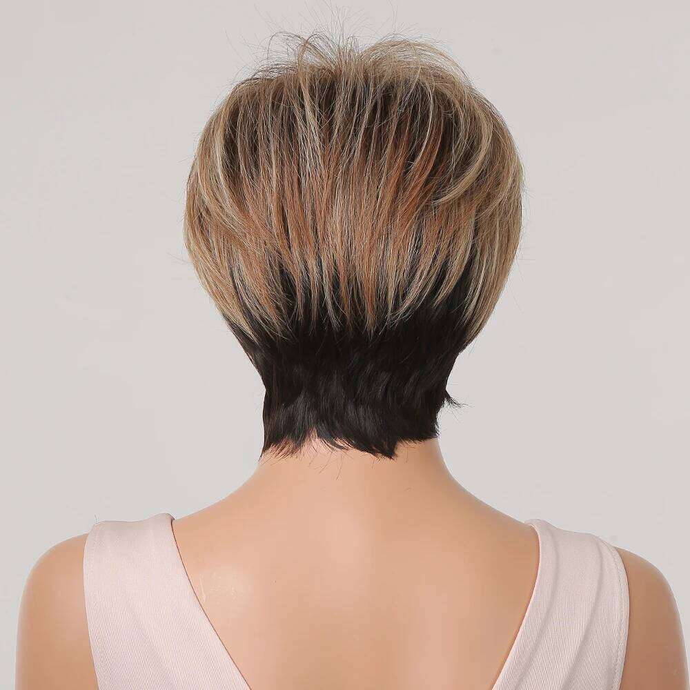 Light Blonde Ginger Synthetic Wigs Straight Short Pixie Cut Ombre Brown Wig with Fluffy Bangs for Women Natural Heat Resistant