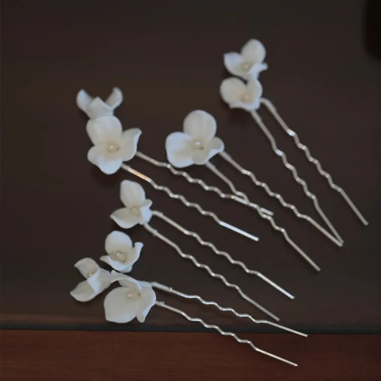 Bridal Jewelry Pearl Hair Pin Clip Porcelain Flower Head Piece For Bride Women Silver Color Hairpin Earrings Wedding Accessories 250807