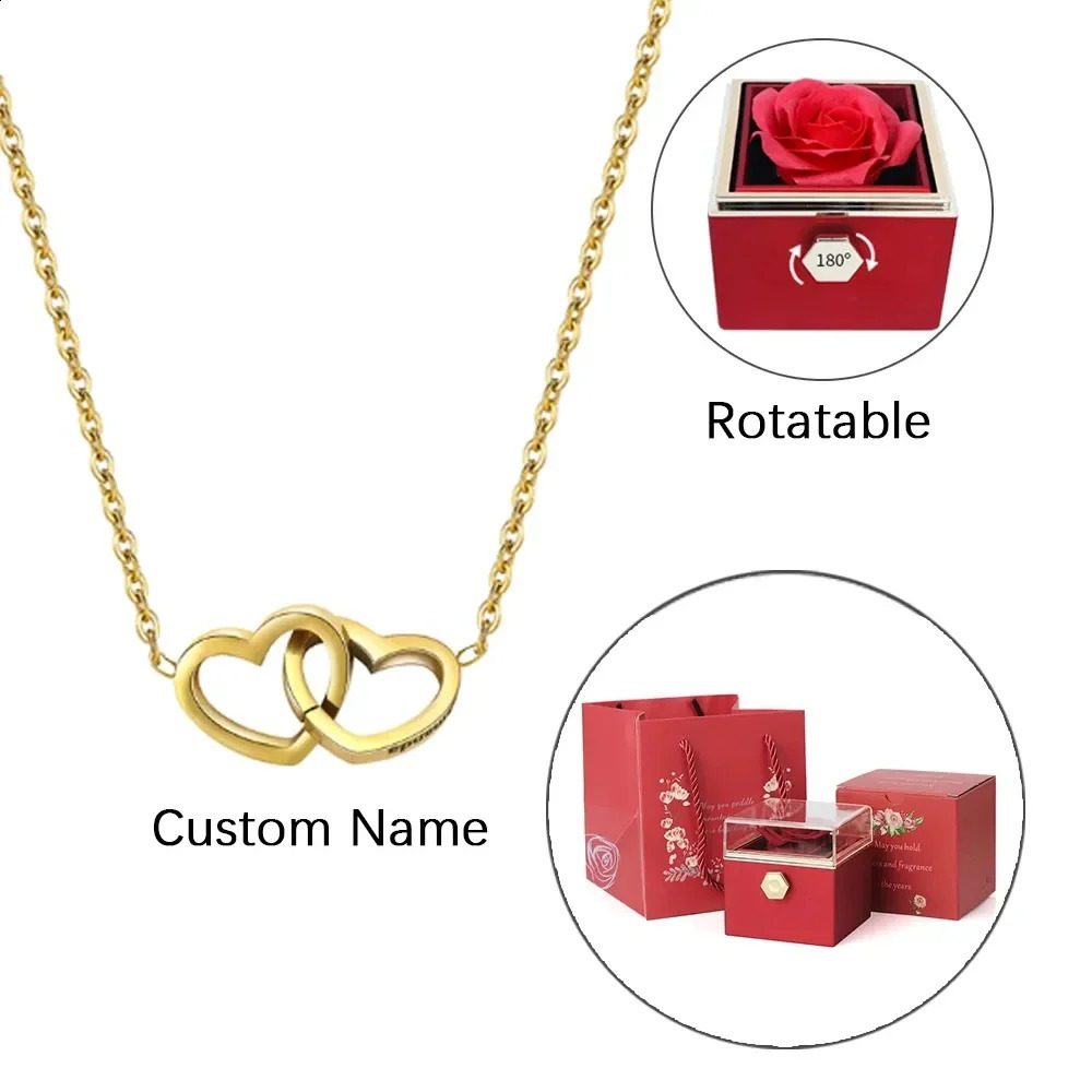 Custom Names Heart Necklace Personalized Jewelry Rotating Rose Box Pendant Chain For Women Wife Valentines Anniversary Present 250805