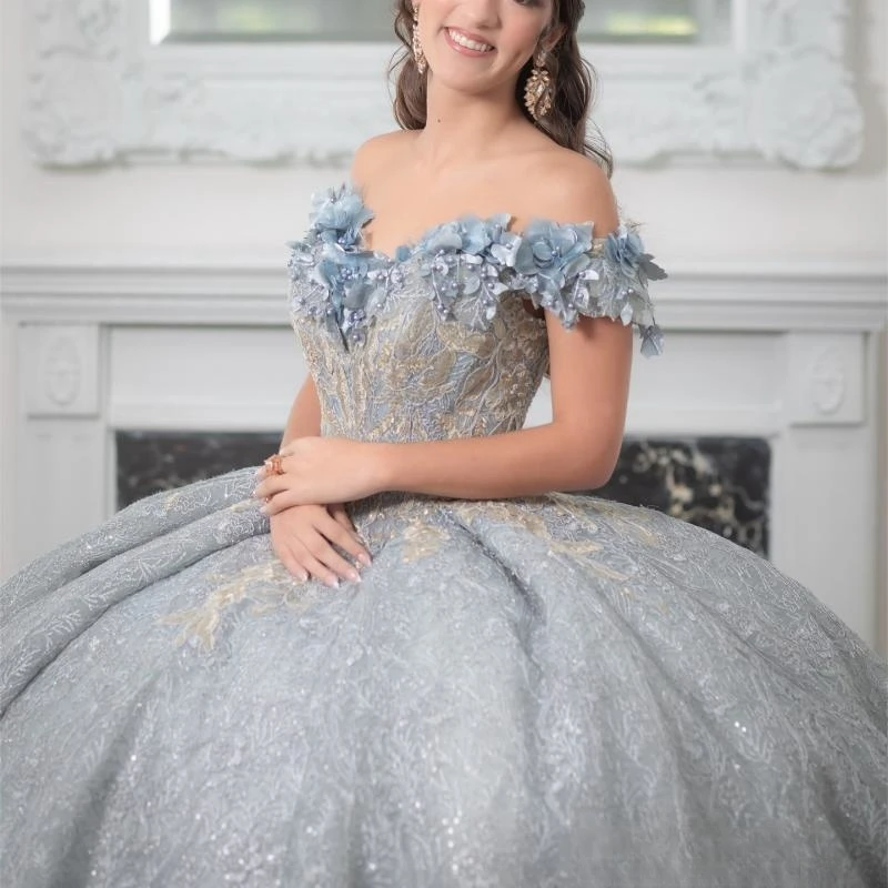 Silvery Quinceanera Dresses Ball Gown Applique Flower Beading Tulle Birthday Party Princess Sweet 16 Dress Vestidos 15 Anos