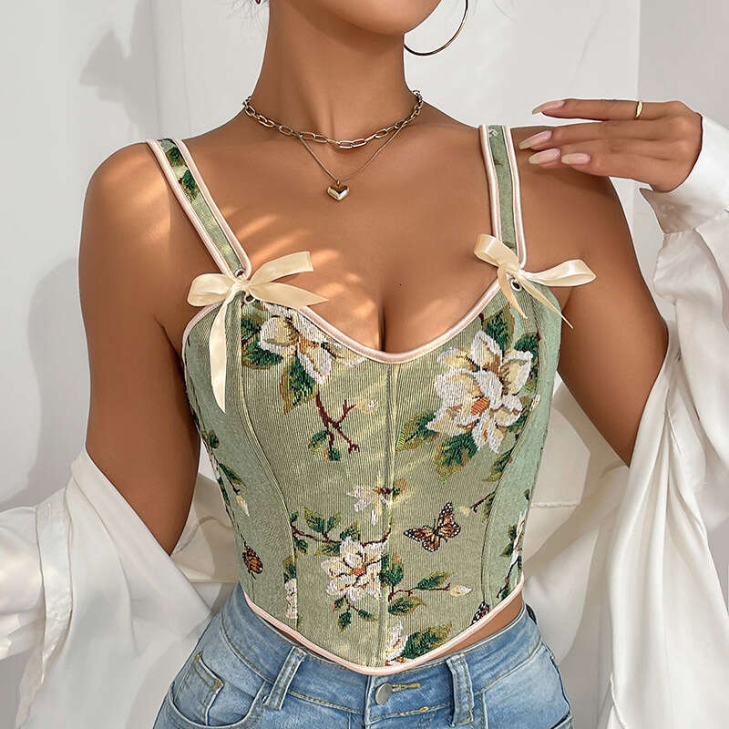 French Bow Tie Floral Sexy Shapewear Women's Camisole Printed Slim Vest Bra