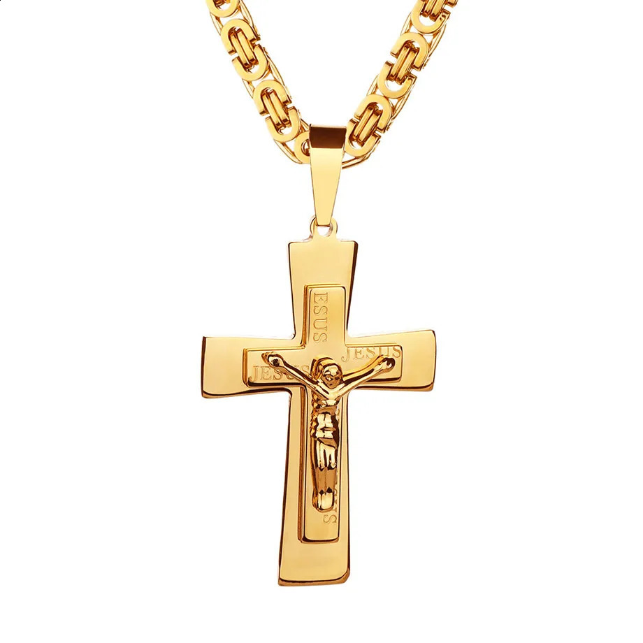 Mens Necklace Big Jesus Cross Pendant Chain Men Gold Color Stainless Steel Christian Crucifix Necklace Male Religious Jewelry 250805