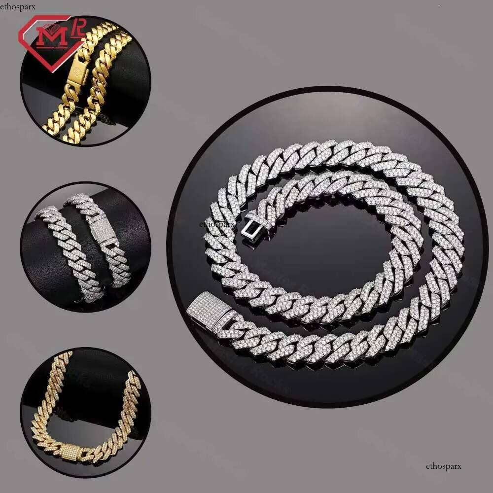 Fully Iced Out Moissanite 2 Rows Hiphop Jewelry Sterling Sier Cuban Link Chain