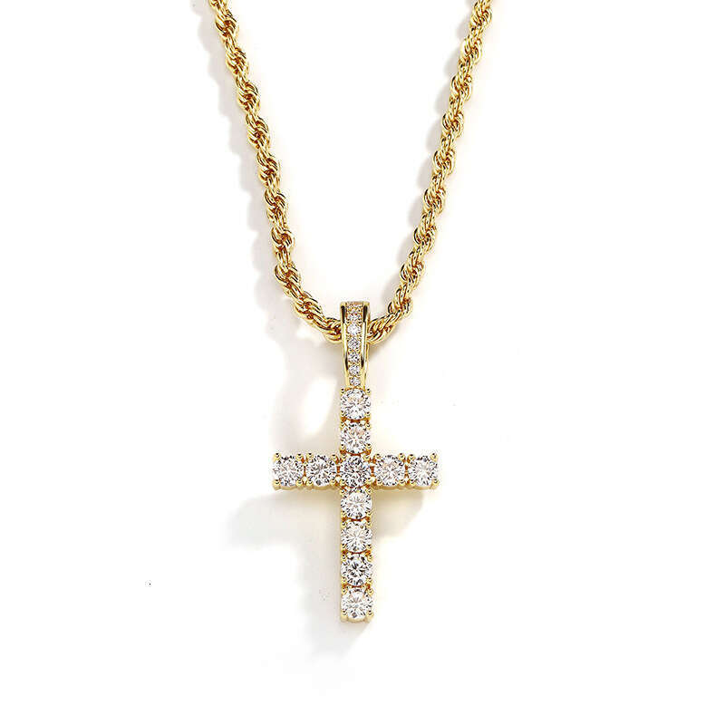 Hip Hop Dia-Encrusted Cross Sterling Silver Pendant for Men, Simple and High-End Twist Chain Necklace