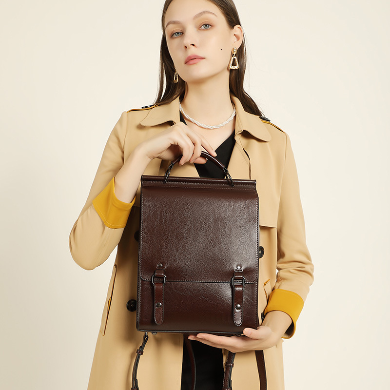 New Genuine Leather Women British Style School Bag For College Students Simple Cowhide Laptop Backpack