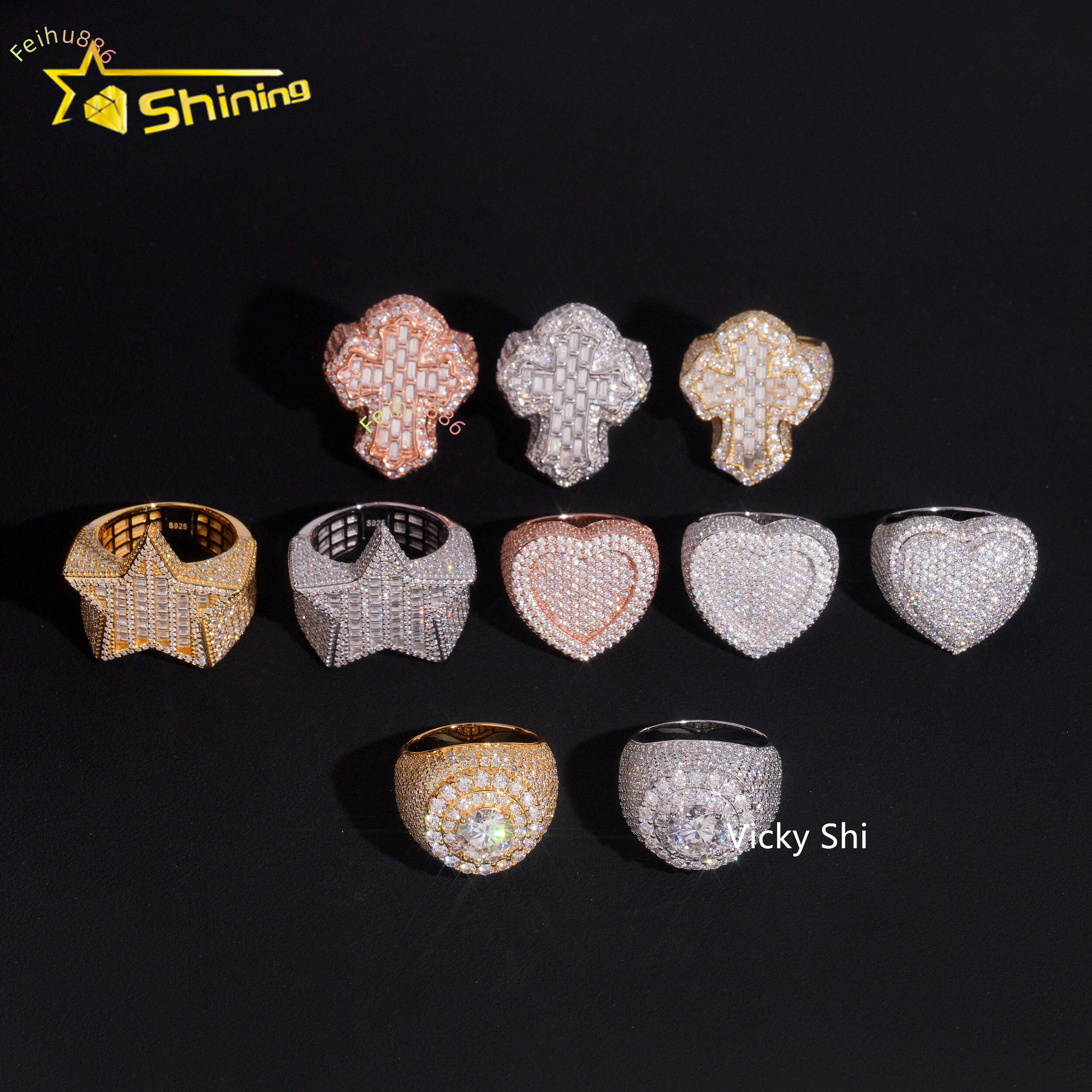 Hip Hop Jewelry 925 Sterling Silver VVS Moissanite Ring Men Iced Out Cross Heart Star Shape Rings Collection Rings Daily Wear