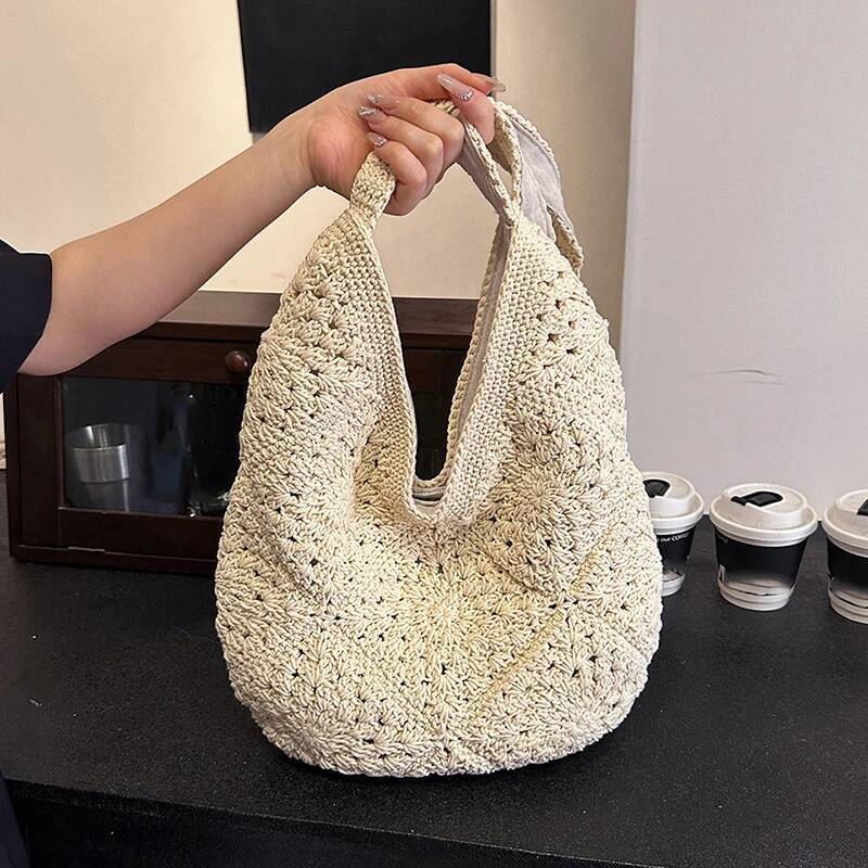 Summer Straw for Women Underarm Shoulder Bags Woven Top Handle Hollow Raffia Crochet Beach Bag Casual Handbags