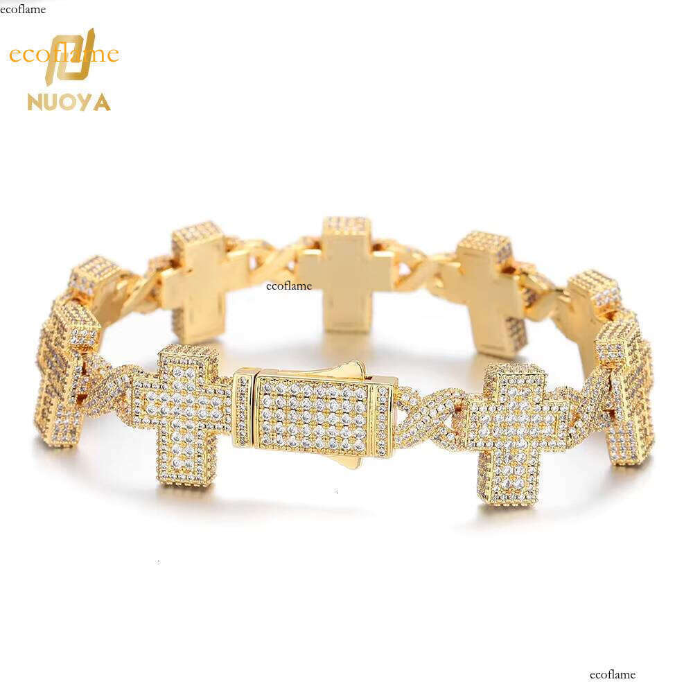 NUOYA New Design Iced Out Women's Hip Hop Jewelry Gold Plated Brass Full Dia Cross Link Chain Bracelet