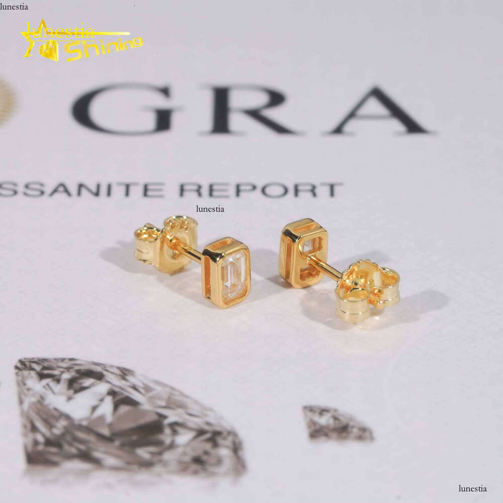 New Arrival Hip Hop Gold Plated Bezel Setting Emerald Cut Moissanite Sier VVS Dia Earrings