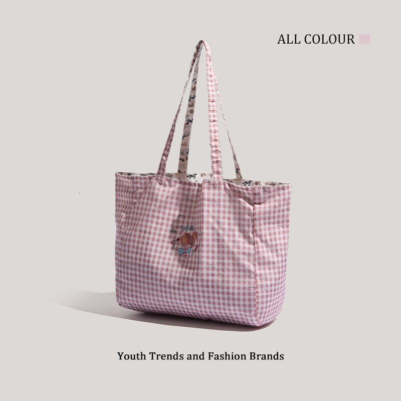 Large Capacity Plaid Shoulder 2025 New Double-Sided Tote Handheld Commuter Canvas Bag ddmymoon