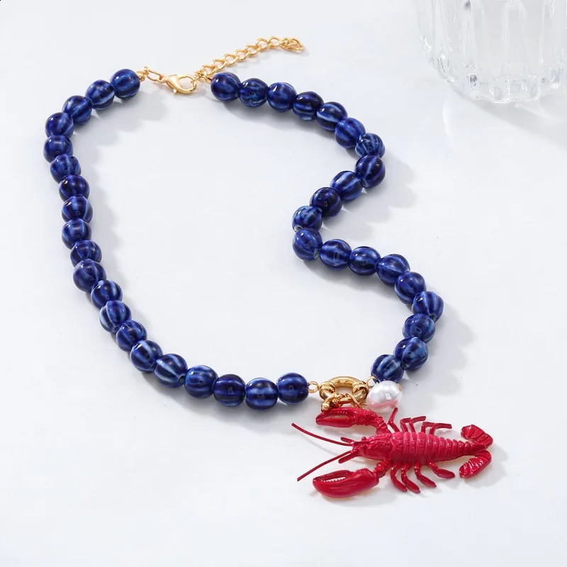 Exaggerated Red Lobster Blue Bead Necklace Handmade Imitation Pearl Summer Beach Fashion Accessory 250805