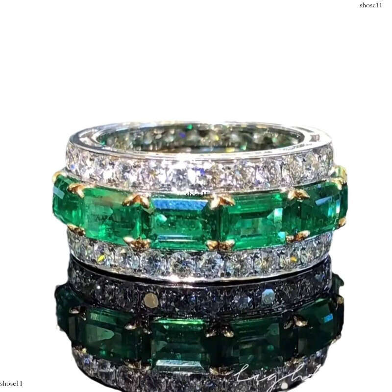 Rulalei Valuable Lovers Lab Emerald Dia Ring Sterling Sier Party Wedding Band Rings for Women Men Engagement Jewelry Gift
