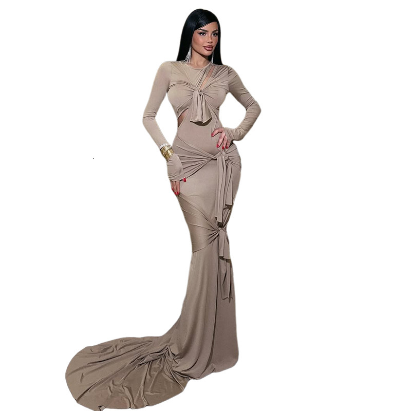 2025 Summer New Sexy Slim Hollow Long Sleeve Solid Color Elegant Dress Long Dress