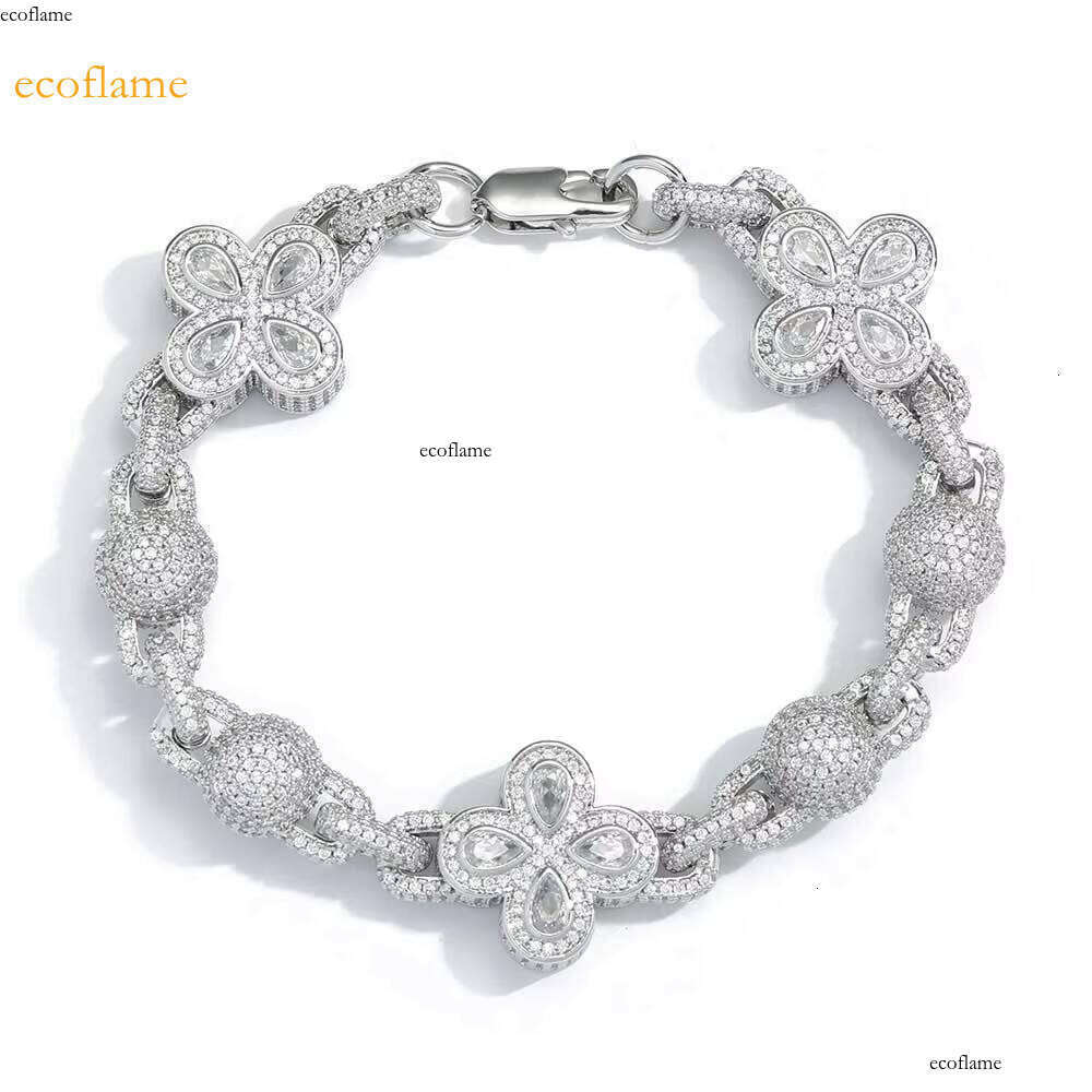 Hip Hop Jewelry Iced Out Dia Four-Leaf Clover Women's Full Pave Shiny Zircon Round Ball Beaded Link Chain Bracelet