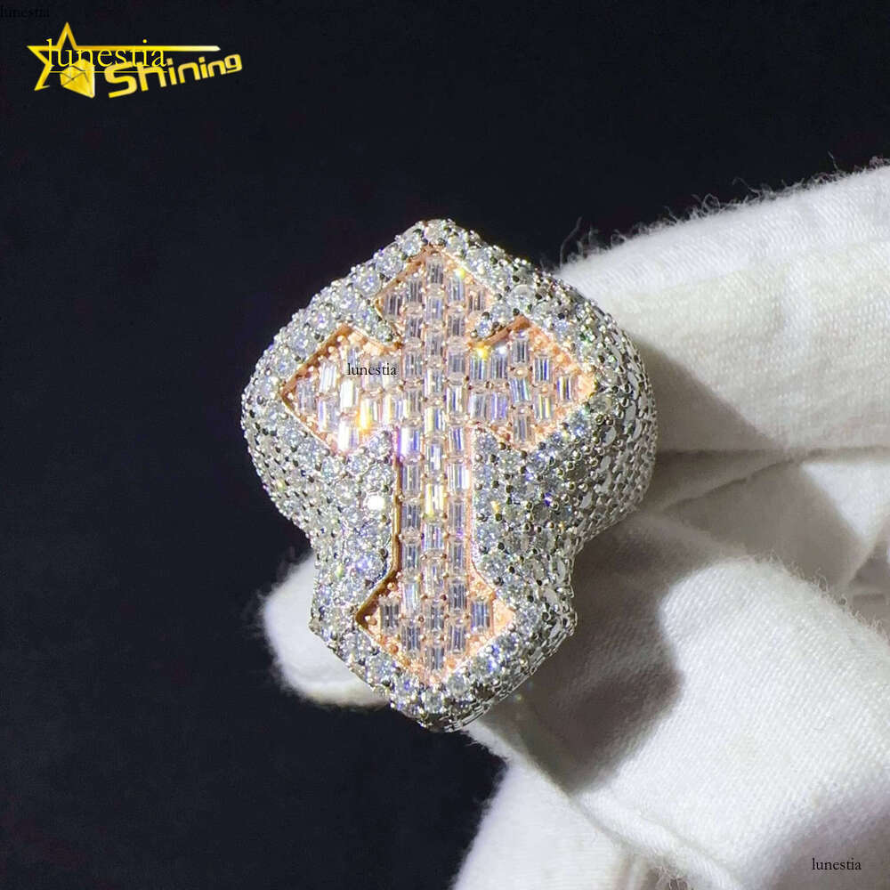 Sterling Silver VVS Cubic Zirconia Iced Out Lab Hip Hop Jewelry Cross Ring
