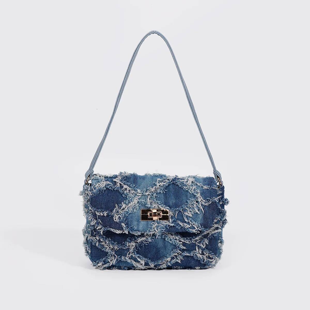 iPinee Fragrant Underarm New Lingge Denim Fabric Bag Women's European and American Small crowd tassel handbag