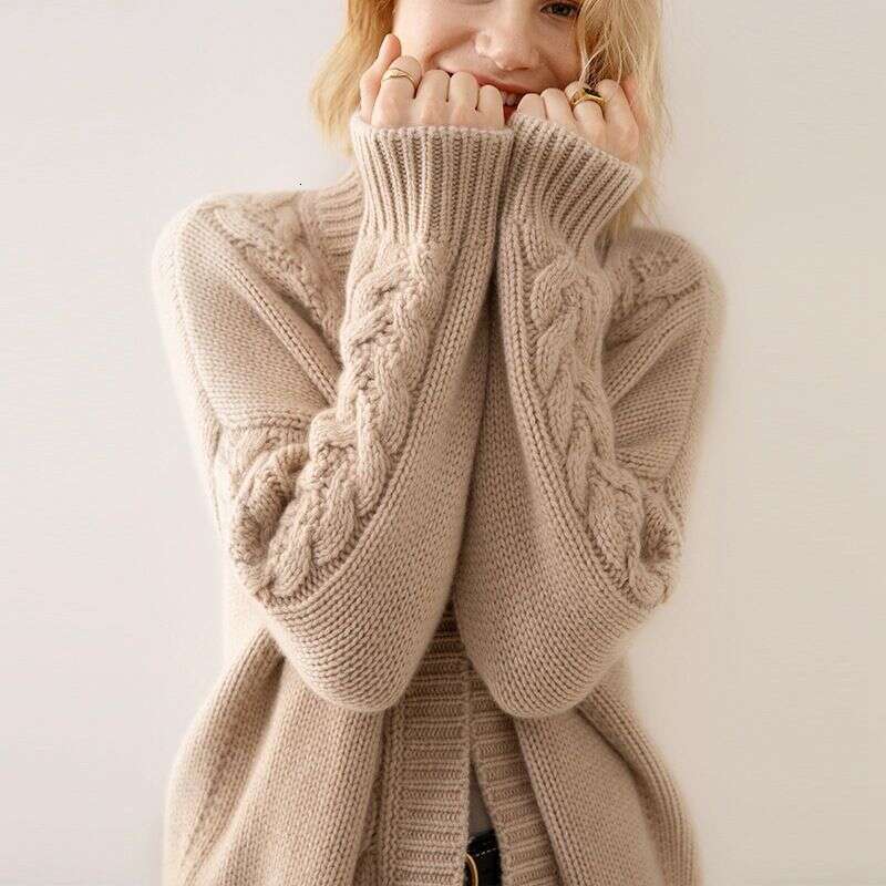V-Neck Temperament Knitting Cardigan Autumn/Winter 2024 New Loose Fried Dough Twists Medium Length Sweater Women's Coat
