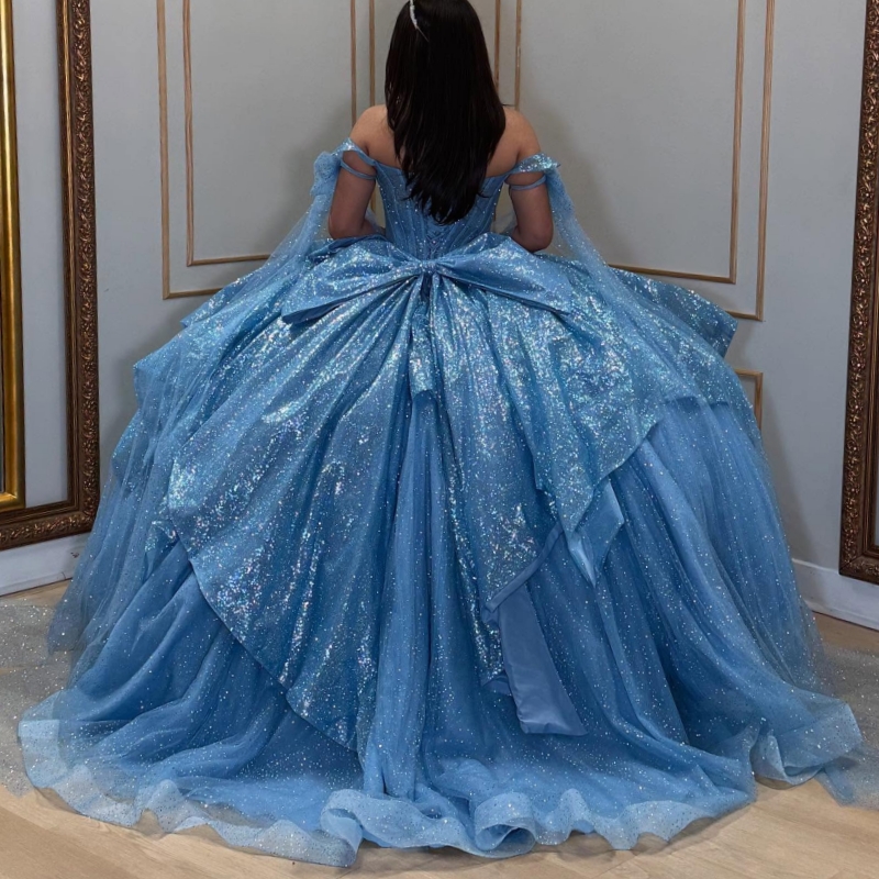 Blue Shiny Quinceanera Dresses Off The Shoulder Beads Bow Tull Party Birthday Ball Gown Vestidos De 15 Anos Sweet 16 Dress