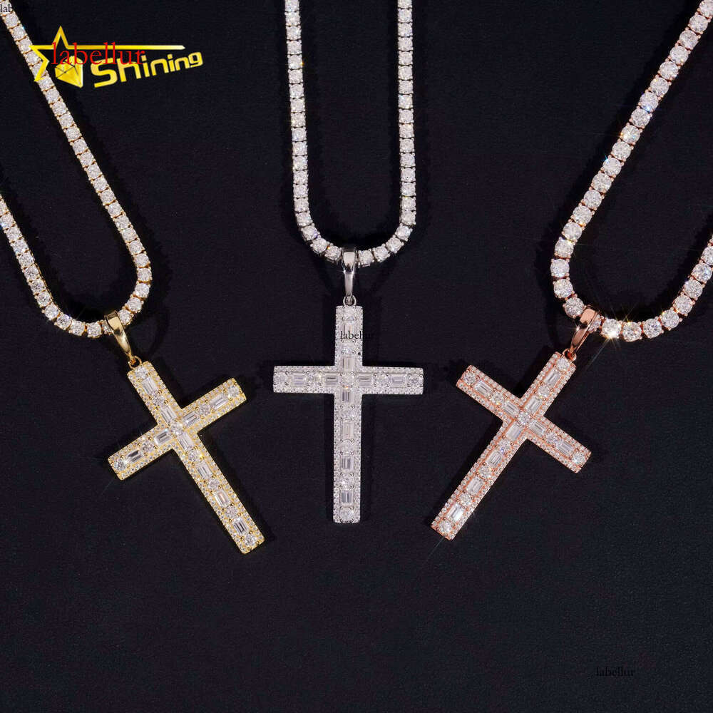 Hot Sale Baguette Cross Pendant Sterling Sier Gold Plated Pass Dia Tester GRA Moissanite Charms Necklace