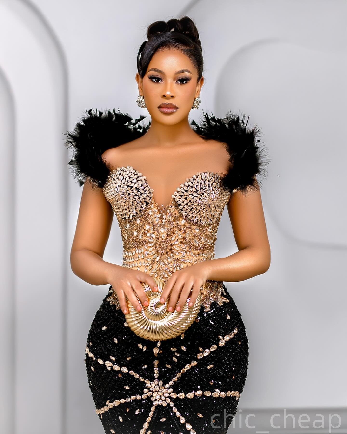 Mermaid Black Prom Dresses 2025 Crystals Feather Illusion Sequined Evening Formal Party Second Birthday Engagement Gowns Plus Size Dress For Special O