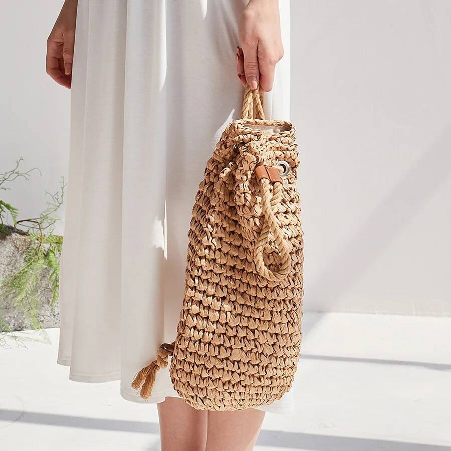 Summer Straw Backpack for Women Handmade Drawstring Beach Shoulder Bags Raffia Rattan Woven Travel Handbags bali lady backpacks
