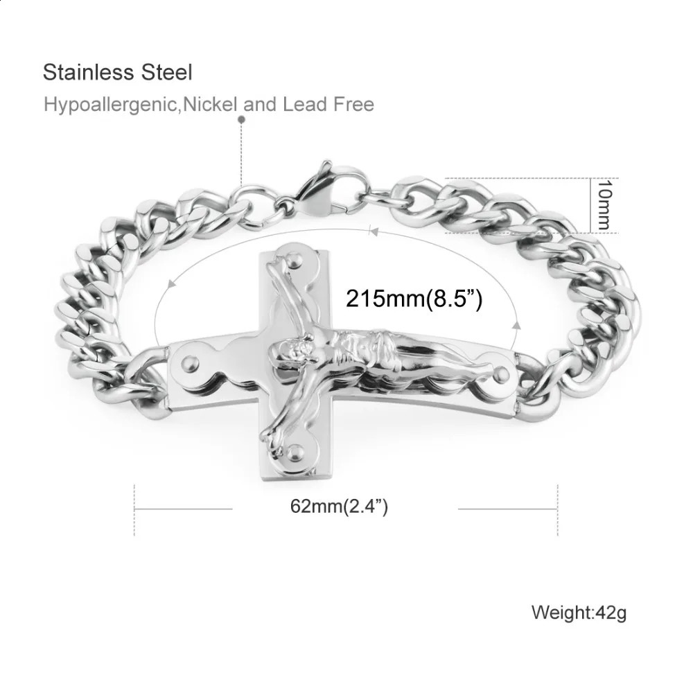 Crucifix Jesus Cross Charm Bracelets Stainless Steel Cuff Bracelets for Men Metal Cuban Hand Chain Religious Male Punk Jewelry 250805