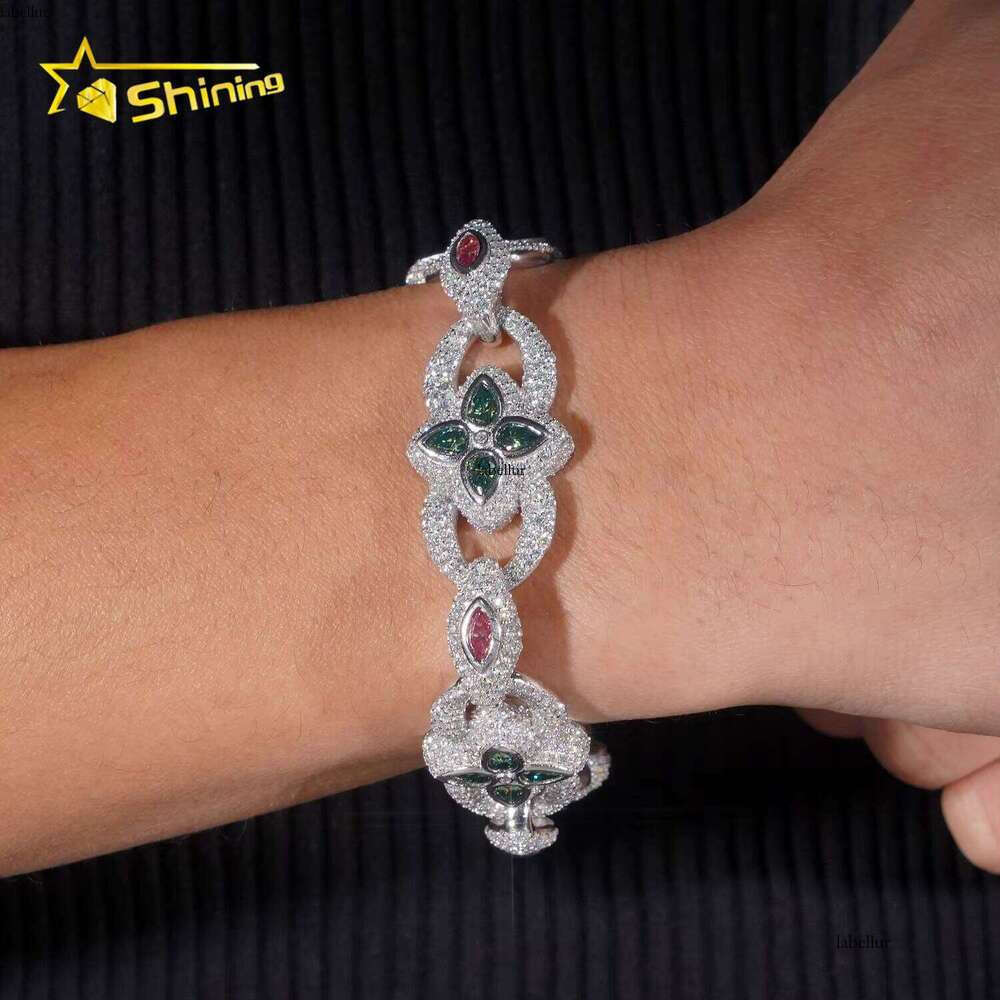 New Arrivals Iced Out Pink Blue Green Marquise Hip Hop Infinity Flower Style Sliver VVS Moissanite Bracelet Men Women