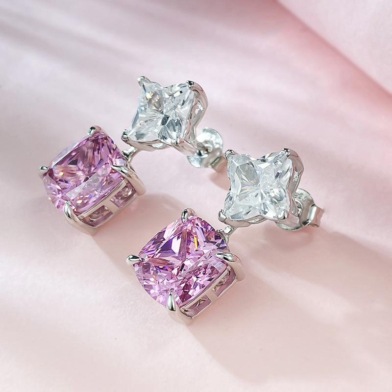 Free Shipping Designer Luxury Jewelry New S925 Sterling Silver Earrings 5A Ice Flower Cut Pink Zircon Earrings Women's Accessories