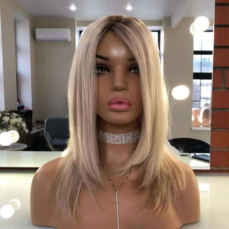 Natural Straightl Bob Women Platinum Blonde Colored With Dark Roots Synthetic HD Lace Front Wig For Woman Girl Lady Daily